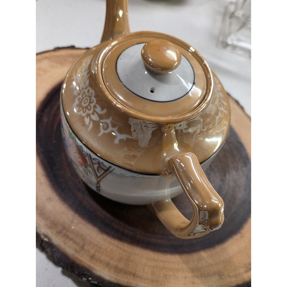 Vintage Japan Brown Floral Handpainted Lusterware Tea Pot With Lid - Picture 10 of 16